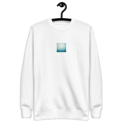 Minimalist streetwear style unisex premium sweatshirt in white featuring the 'Ocean Horizon' photo art on the front. / モードストリート系ユニセックス・プレミアム・スウェットシャツ（ホワイト）フロントに「オーシャンホライズン」のフォトアートを配したデザイン。