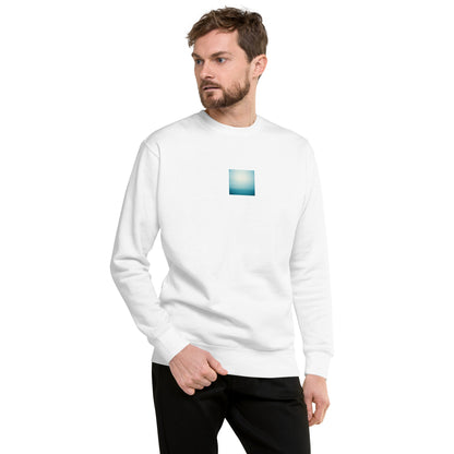 Minimalist streetwear style unisex premium sweatshirt in white featuring the 'Ocean Horizon' photo art on the front. / モードストリート系ユニセックス・プレミアム・スウェットシャツ（ホワイト）フロントに「オーシャンホライズン」のフォトアートを配したデザイン。