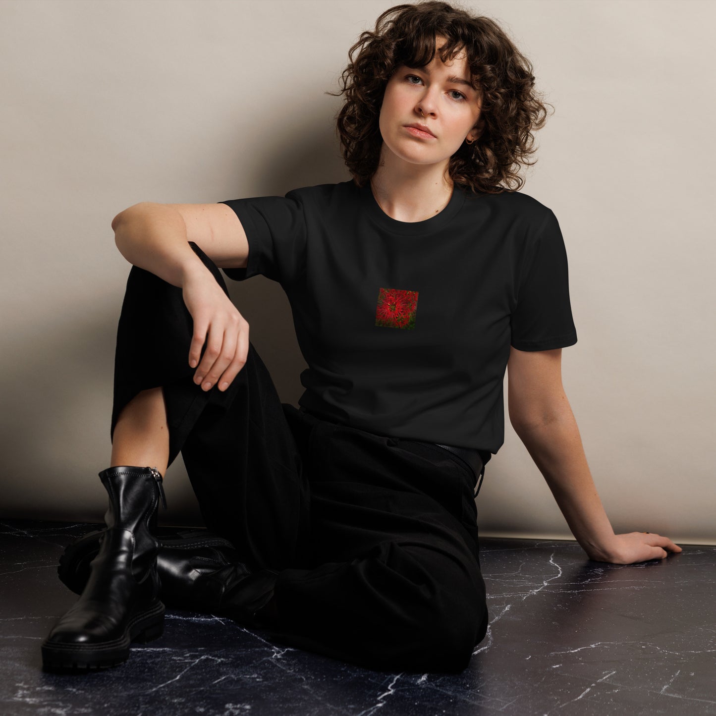 Red Spider Lily Botanical Art – Unisex Premium T-Shirt, Black, Front View