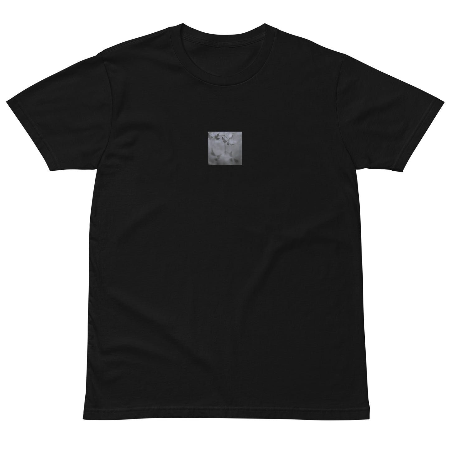 Minimalist mode style unisex premium black t-shirt with a 'Water Surface & Leaves' black and white photo print / モードストリート系ユニセックス・プレミアムTシャツ（ブラック）、フロントに「水面と葉」のモノクロ写真プリント（Tシャツ）