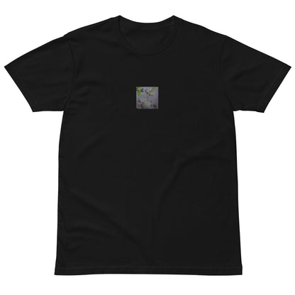 Minimalist mode style unisex premium black t-shirt with a 'Water Surface & Leaves' art print / モードストリート系ユニセックス・プレミアムTシャツ（ブラック）、フロントに「水面と葉」のアートプリント（Tシャツ）