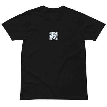Minimalist mode style unisex premium black t-shirt with a 'Bare Tree' art print / モードストリート系ユニセックス・プレミアムTシャツ（ブラック）、フロントに「Bare Tree（枯れ木）」のアートプリント（Tシャツ）