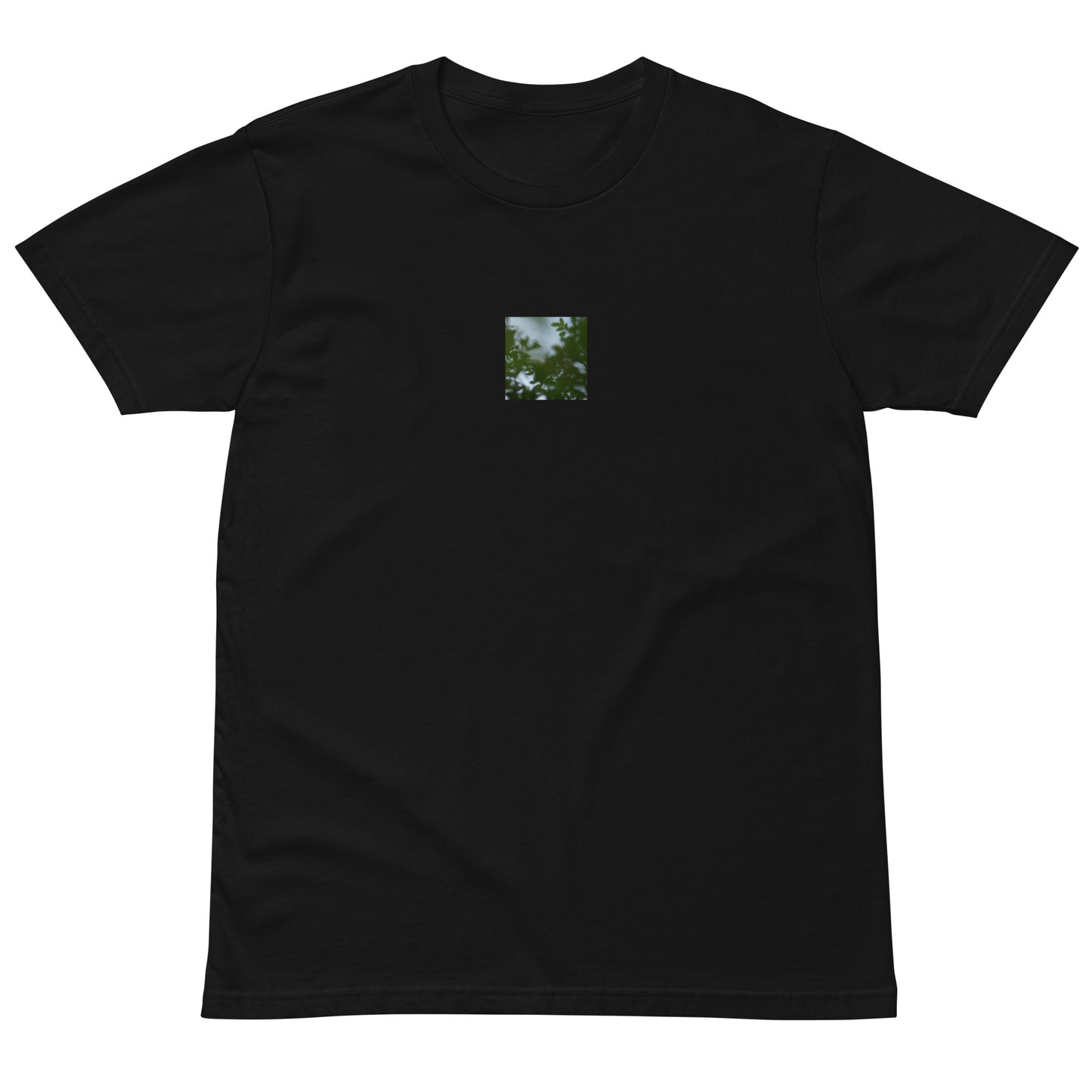 Minimalist streetwear style unisex premium T-shirt in black, featuring a 'Tree Branches' botanical print on the chest. / Tree Branches プレミアムTシャツ（ブラック）：フロントにボタニカルな枝をプリントした、モードストリート系ミニマリストTシャツ。