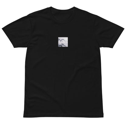 Minimalist streetwear style premium T-shirt in black featuring the 'Botanical (B&W)' photo art on the front. / モードストリート系プレミアムTシャツ（ブラック）フロントに「ボタニカル (モノクロ)」のフォトアートを配したデザイン。