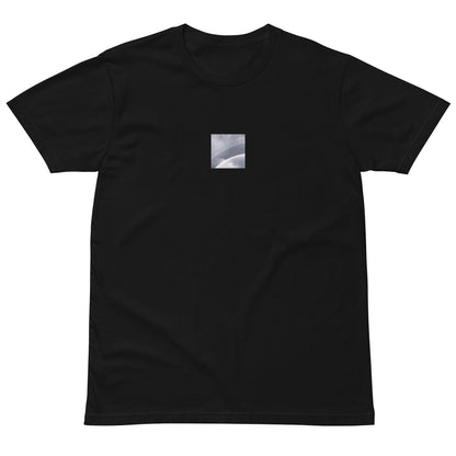 Minimalist streetwear style premium T-shirt in black featuring the 'Double Rainbow (B&W)' photo art on the front. / モードストリート系プレミアムTシャツ（ブラック）フロントに「ダブルレインボー (モノクロ)」のフォトアートを配したデザイン。