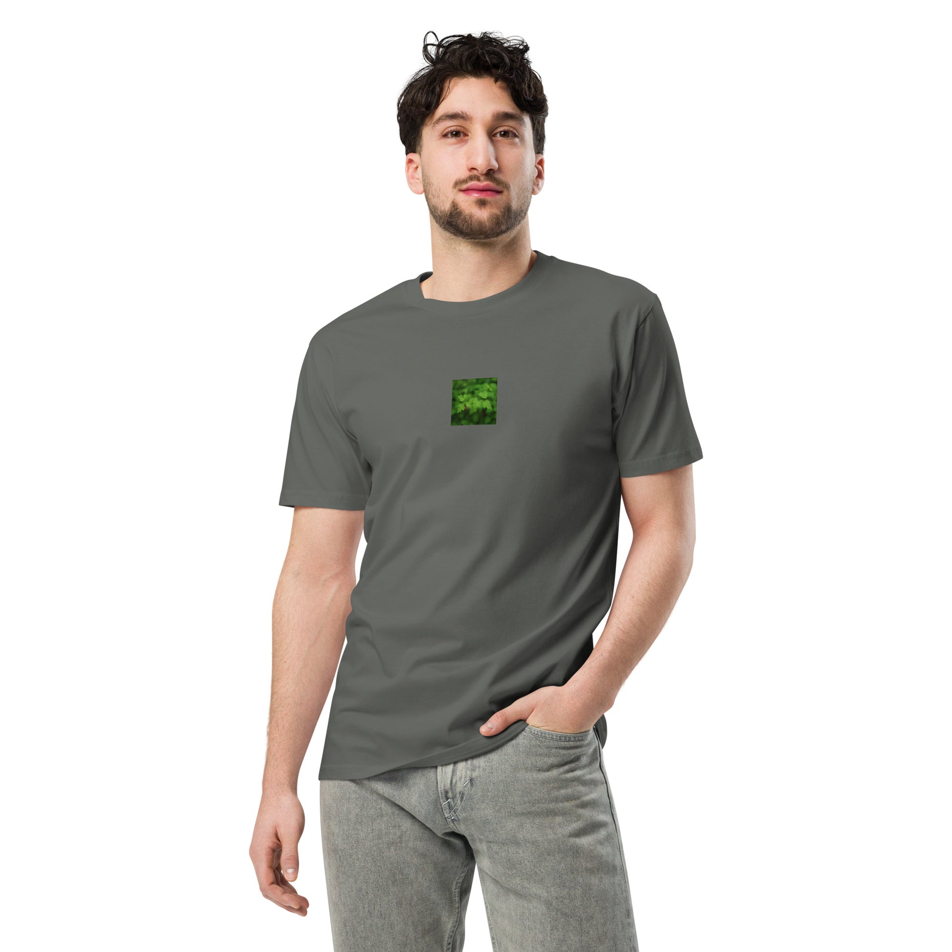 Premium T-Shirt in Charcoal – plants botanical art print, lifestyle view
