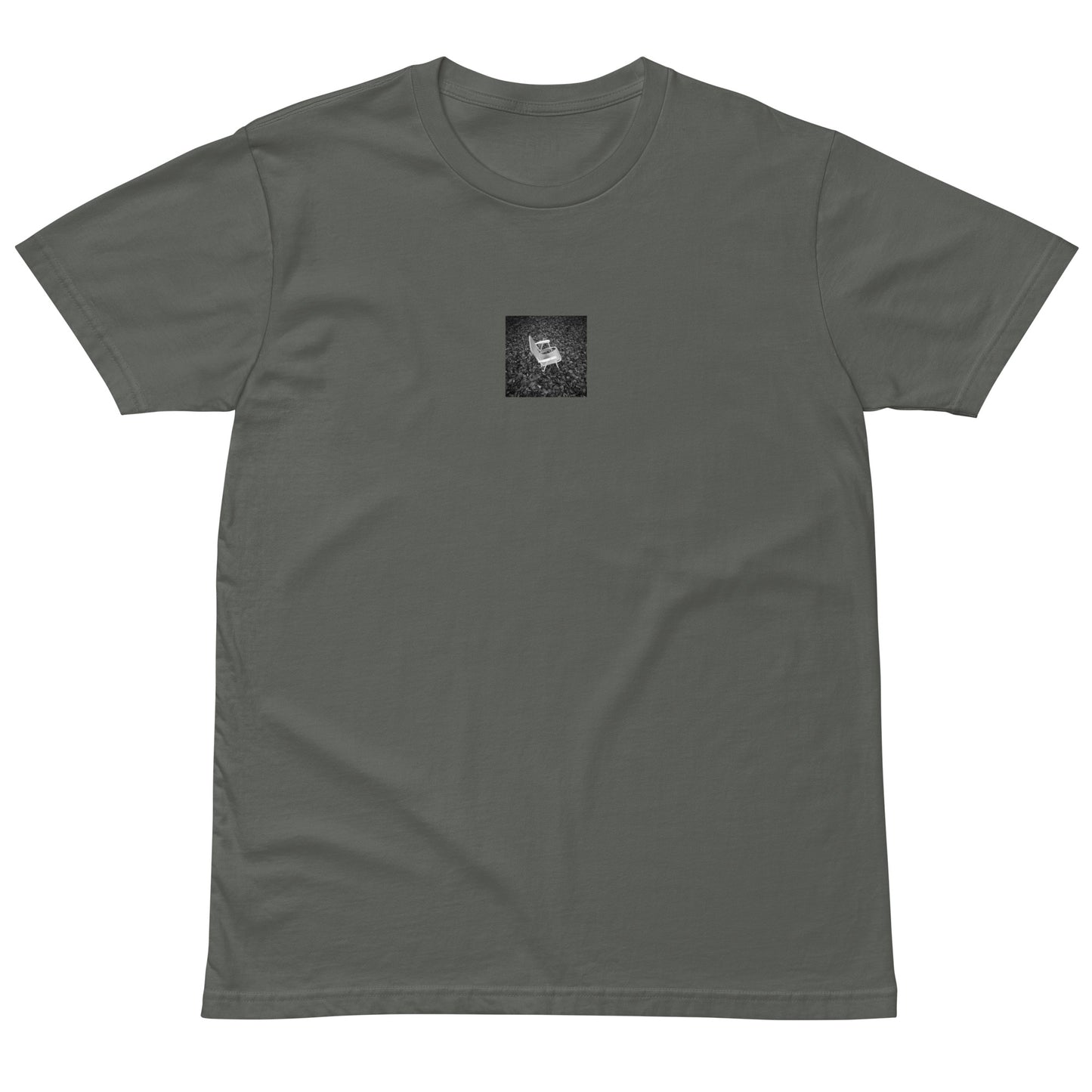 Fallen Leaves and Chair (B&W) Art – Premium T-Shirt, Charcoal, Front View
