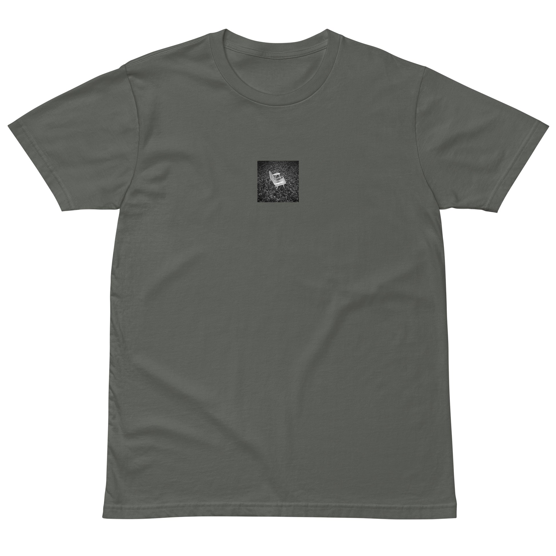Fallen Leaves and Chair (B&W) Art – Premium T-Shirt, Charcoal, Front View