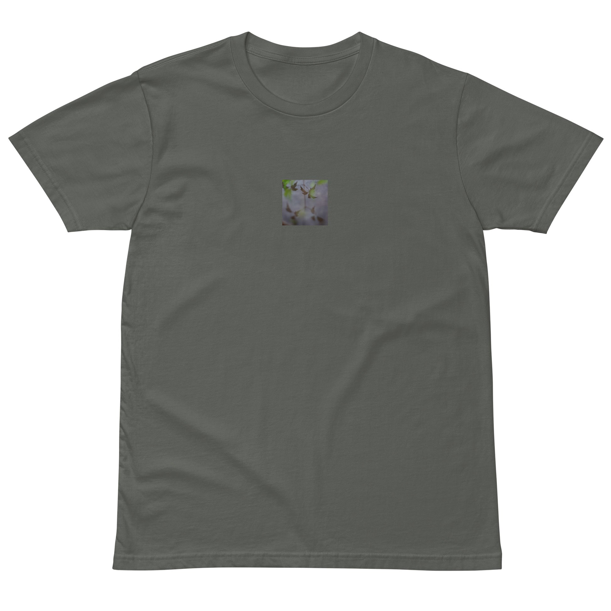 Minimalist mode style unisex premium charcoal t-shirt with a 'Water Surface & Leaves' art print / モードストリート系ユニセックス・プレミアムTシャツ（チャコール）、フロントに「水面と葉」のアートプリント（Tシャツ）