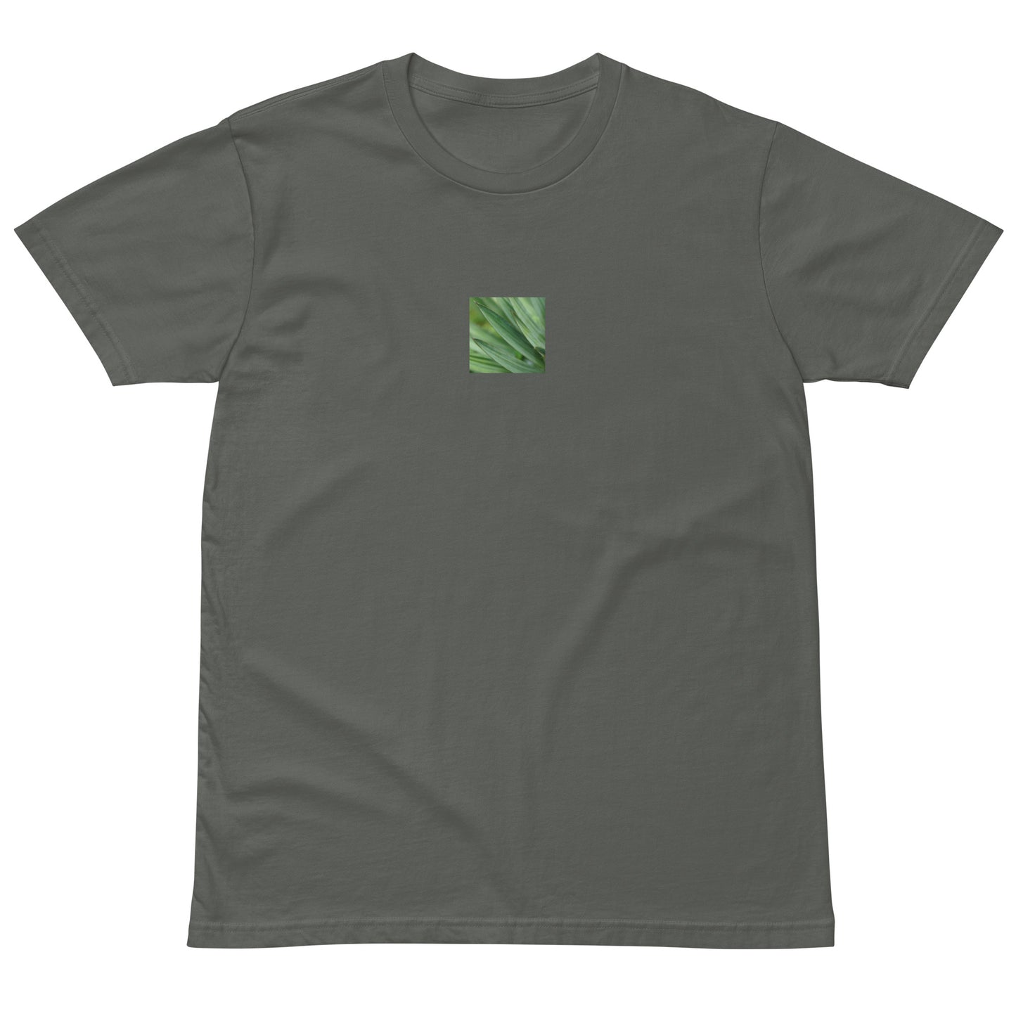 Minimalist unisex premium T-shirt in charcoal gray, featuring a vibrant color photograph of a Yucca plant on the chest. A versatile and sophisticated streetwear essential. / モードストリート系ユニセックス・チャコールグレー・プレミアムTシャツ。フロントにユッカ植物のカラー写真プリントを配置。落ち着いた色味で合わせやすいモダンなデザイン。