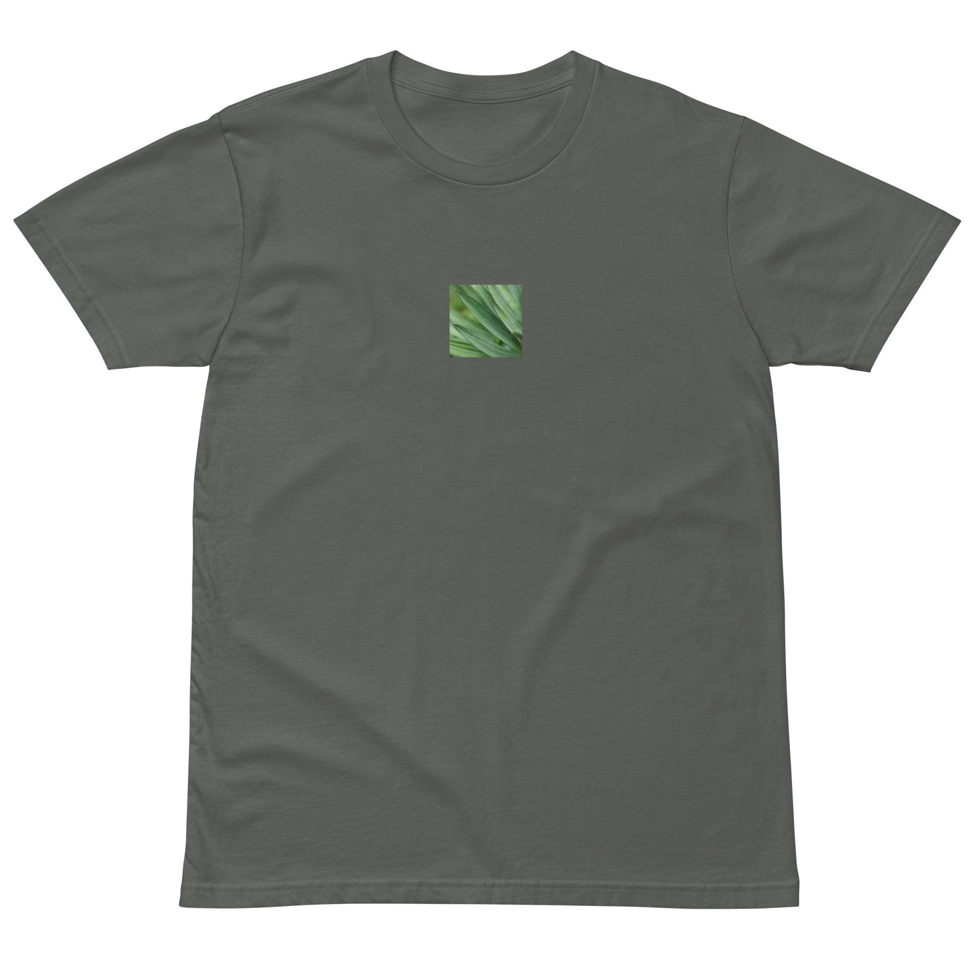 Minimalist unisex premium T-shirt in charcoal gray, featuring a vibrant color photograph of a Yucca plant on the chest. A versatile and sophisticated streetwear essential. / モードストリート系ユニセックス・チャコールグレー・プレミアムTシャツ。フロントにユッカ植物のカラー写真プリントを配置。落ち着いた色味で合わせやすいモダンなデザイン。