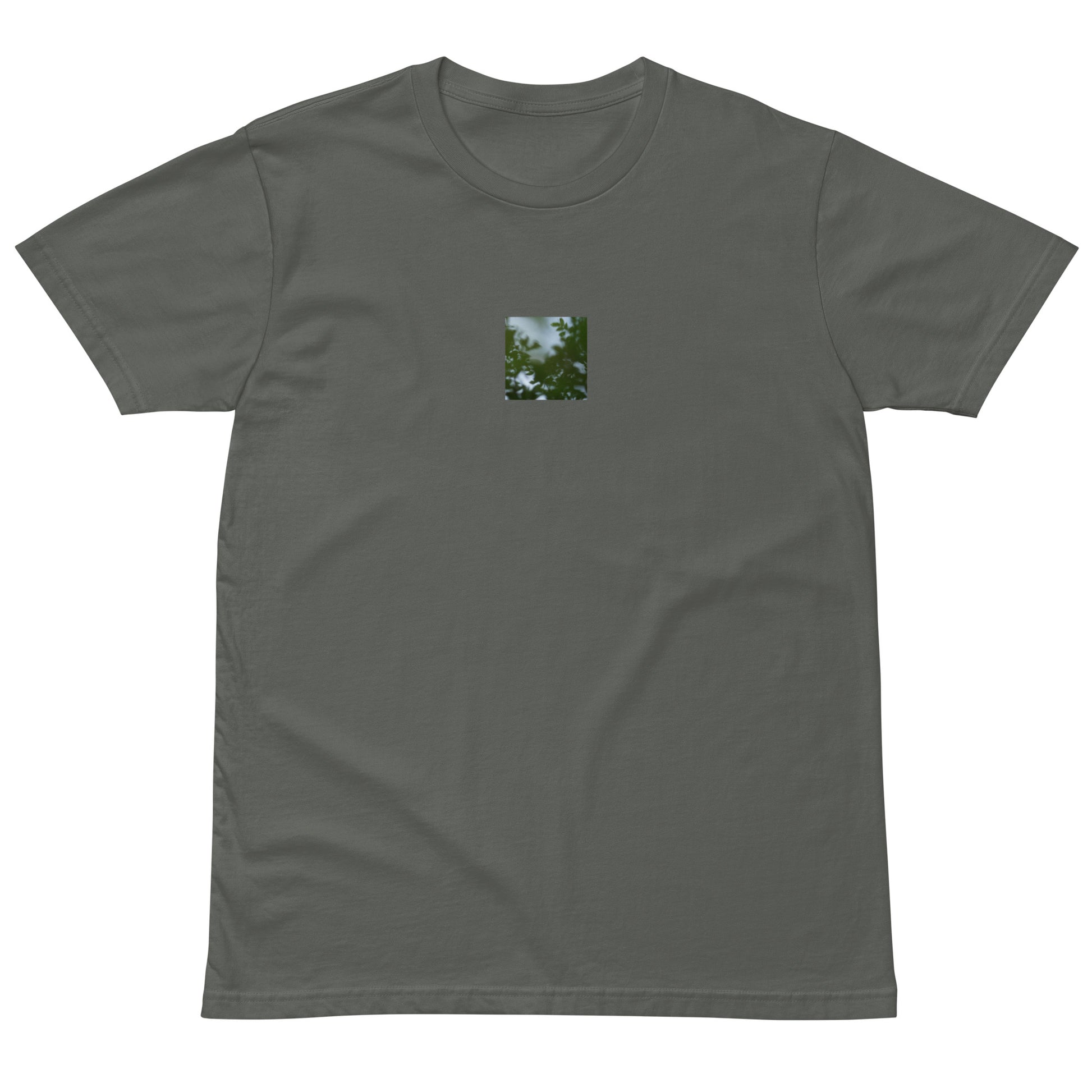 Minimalist streetwear style unisex premium T-shirt in charcoal, featuring a 'Tree Branches' botanical print on the chest. / Tree Branches プレミアムTシャツ（チャコール）：落ち着いた色味にボタニカルな枝が映える、モダンでミニマルなモードストリート系Tシャツ。