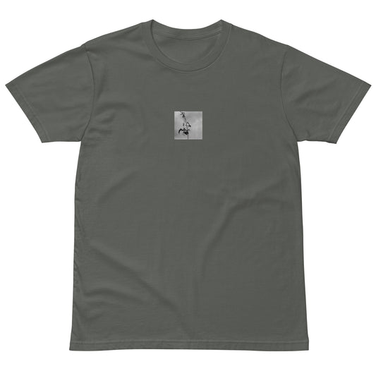 Minimalist streetwear style premium T-shirt in charcoal featuring the 'Tree Branches (B&W)' photo art on the front. / モードストリート系プレミアムTシャツ（チャコール）フロントに「木の枝（モノクロ）」のフォトアートを配したデザイン。