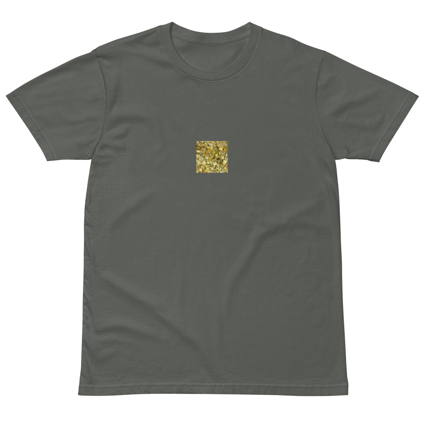 Minimalist streetwear style premium T-shirt in charcoal featuring the 'Ginkgo Fallen Leaves' photo art on the front. / モードストリート系プレミアムTシャツ（チャコール）フロントに「イチョウの落ち葉」のフォトアートを配したデザイン。