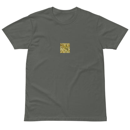 Minimalist streetwear style premium T-shirt in charcoal featuring the 'Ginkgo Fallen Leaves' photo art on the front. / モードストリート系プレミアムTシャツ（チャコール）フロントに「イチョウの落ち葉」のフォトアートを配したデザイン。
