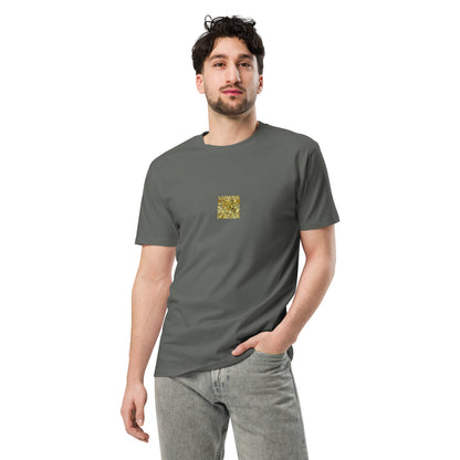 Minimalist streetwear style premium T-shirt in charcoal featuring the 'Ginkgo Fallen Leaves' photo art on the front. / モードストリート系プレミアムTシャツ（チャコール）フロントに「イチョウの落ち葉」のフォトアートを配したデザイン。