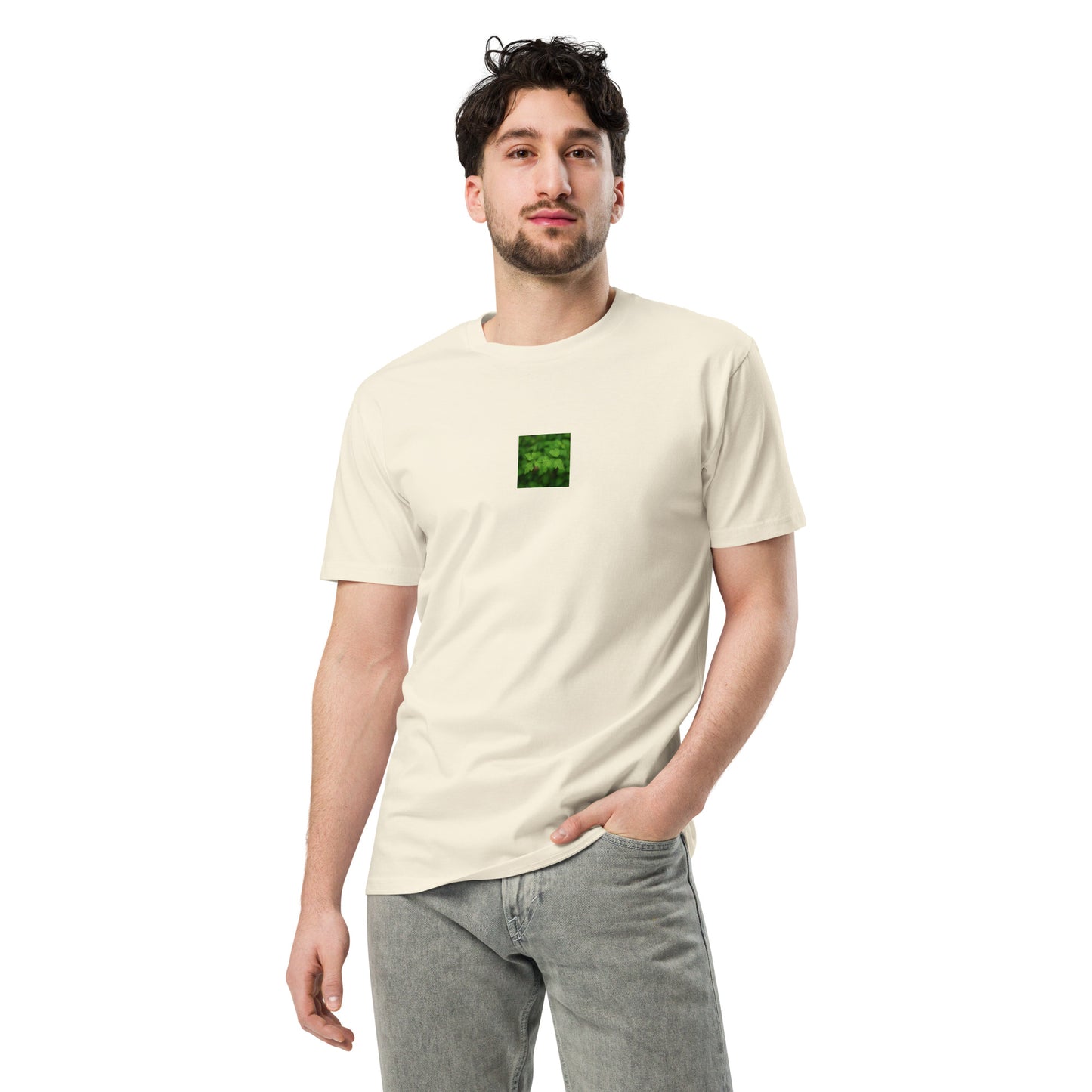 Premium T-Shirt in Natural – plants botanical art print, lifestyle view
