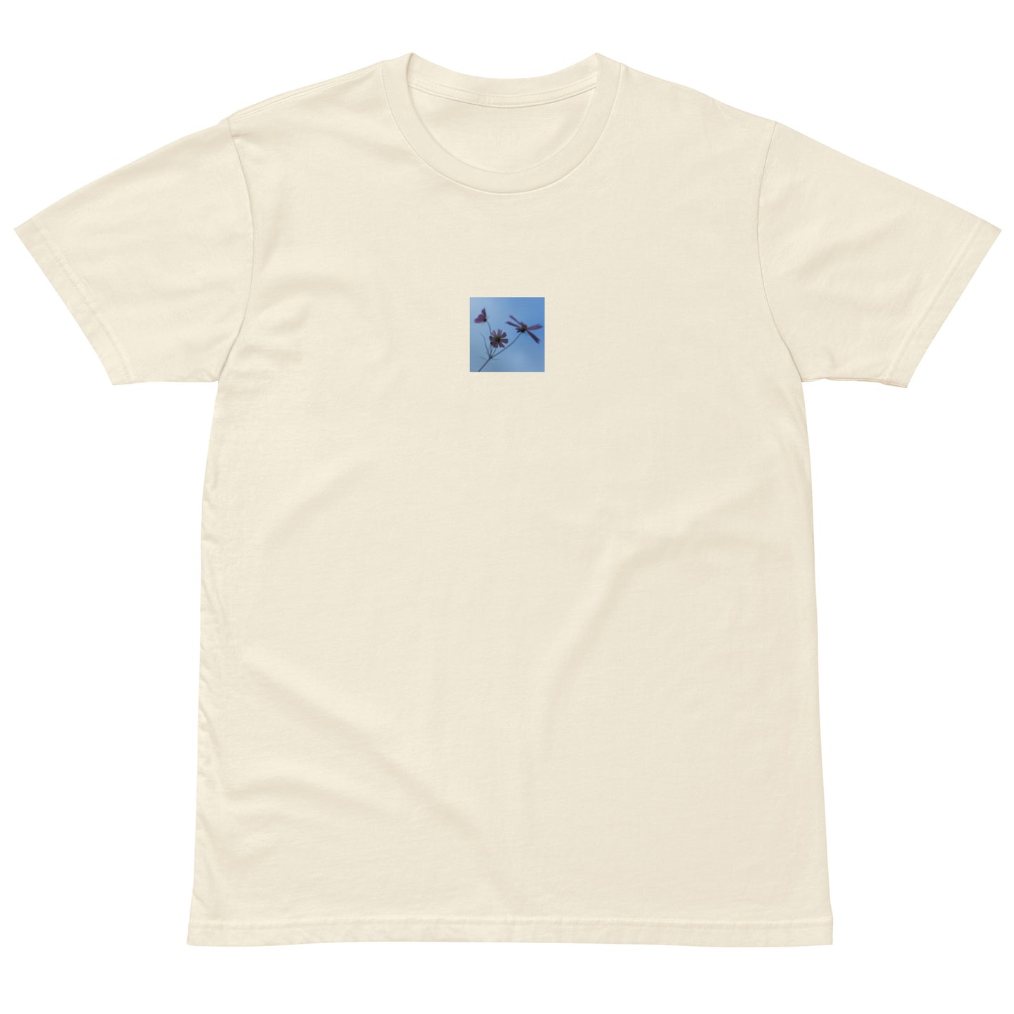 Three Cosmos Flowers Botanical Art – Unisex Premium T-Shirt, Natural, Front View