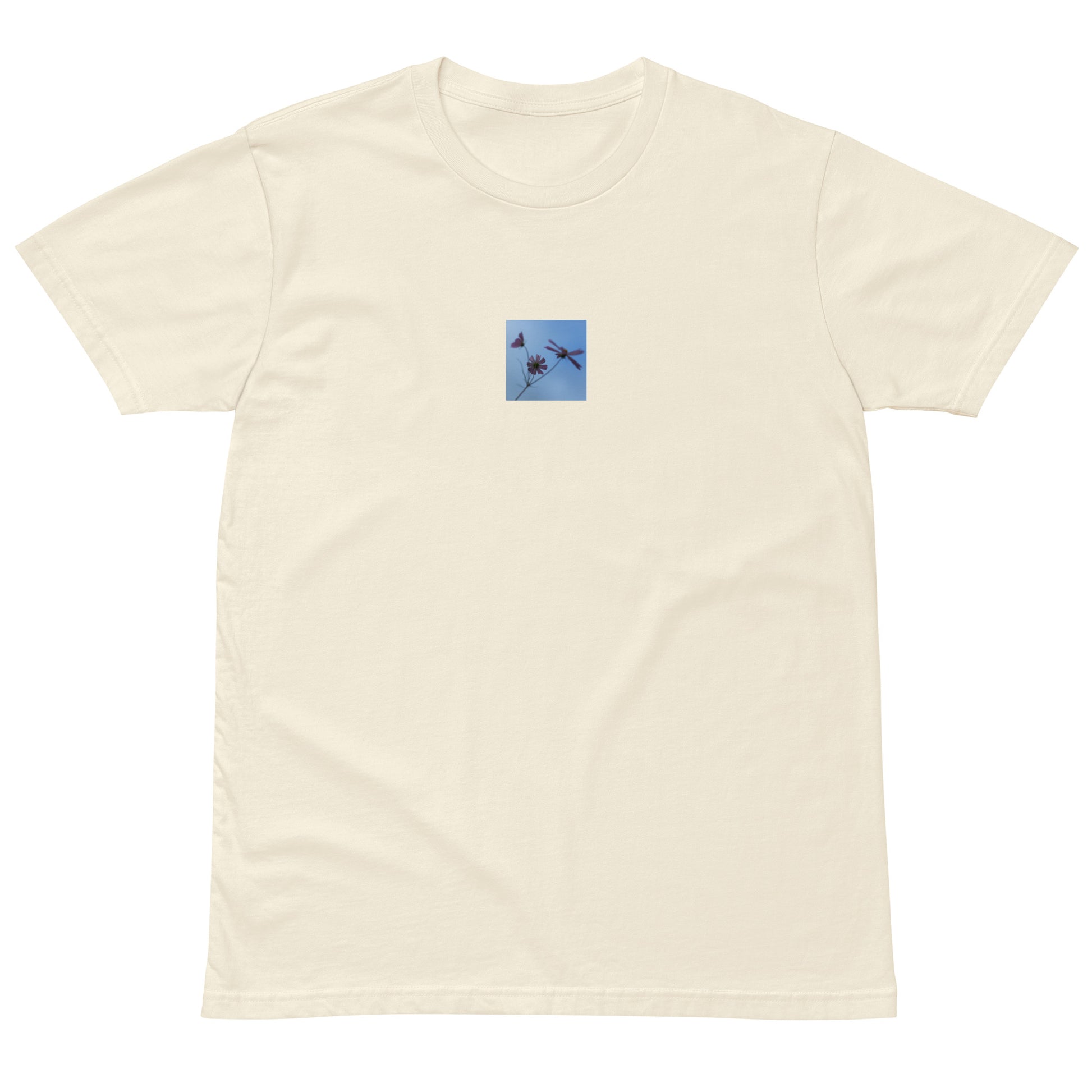 Three Cosmos Flowers Botanical Art – Unisex Premium T-Shirt, Natural, Front View