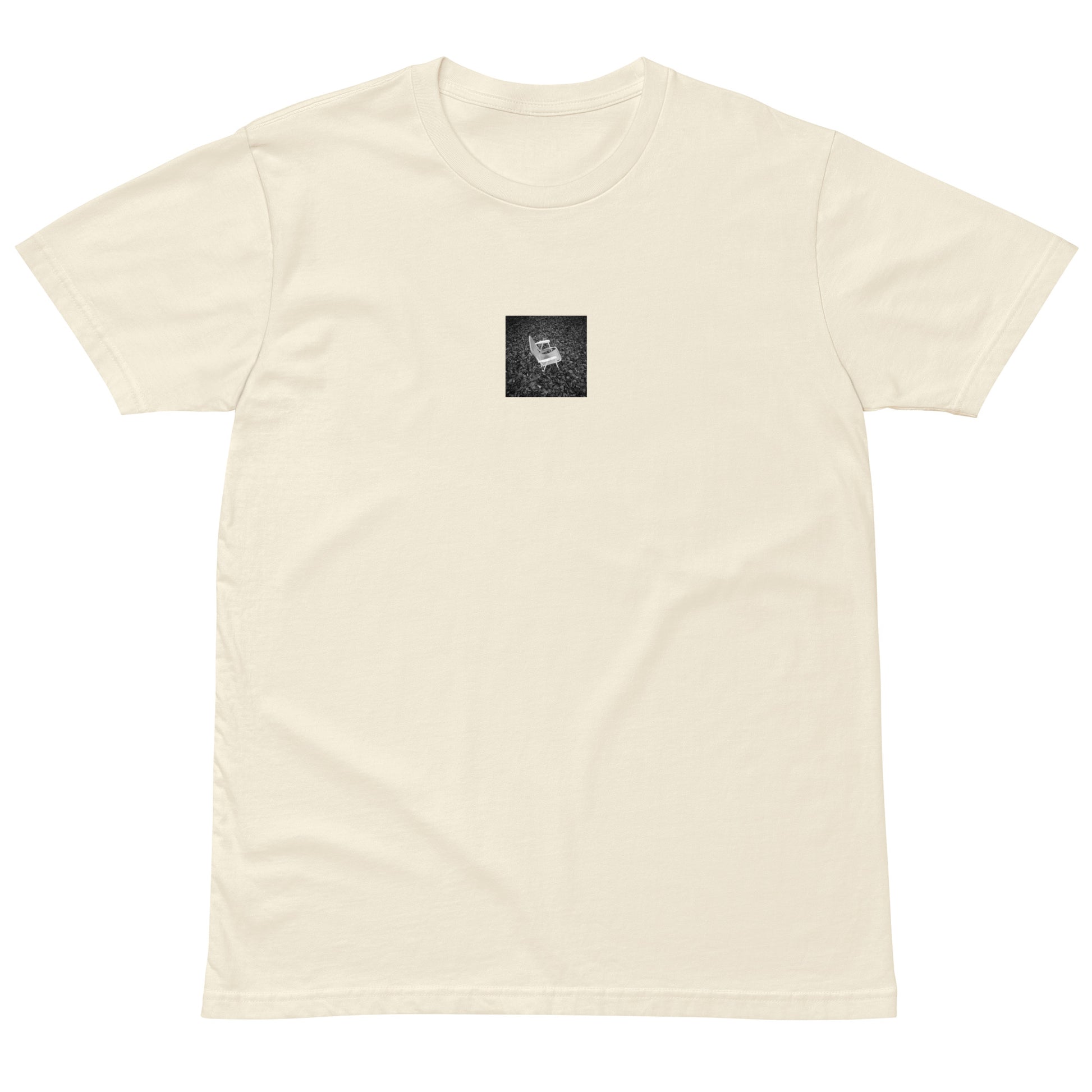 Fallen Leaves and Chair (B&W) Art – Premium T-Shirt, Natural, Front View