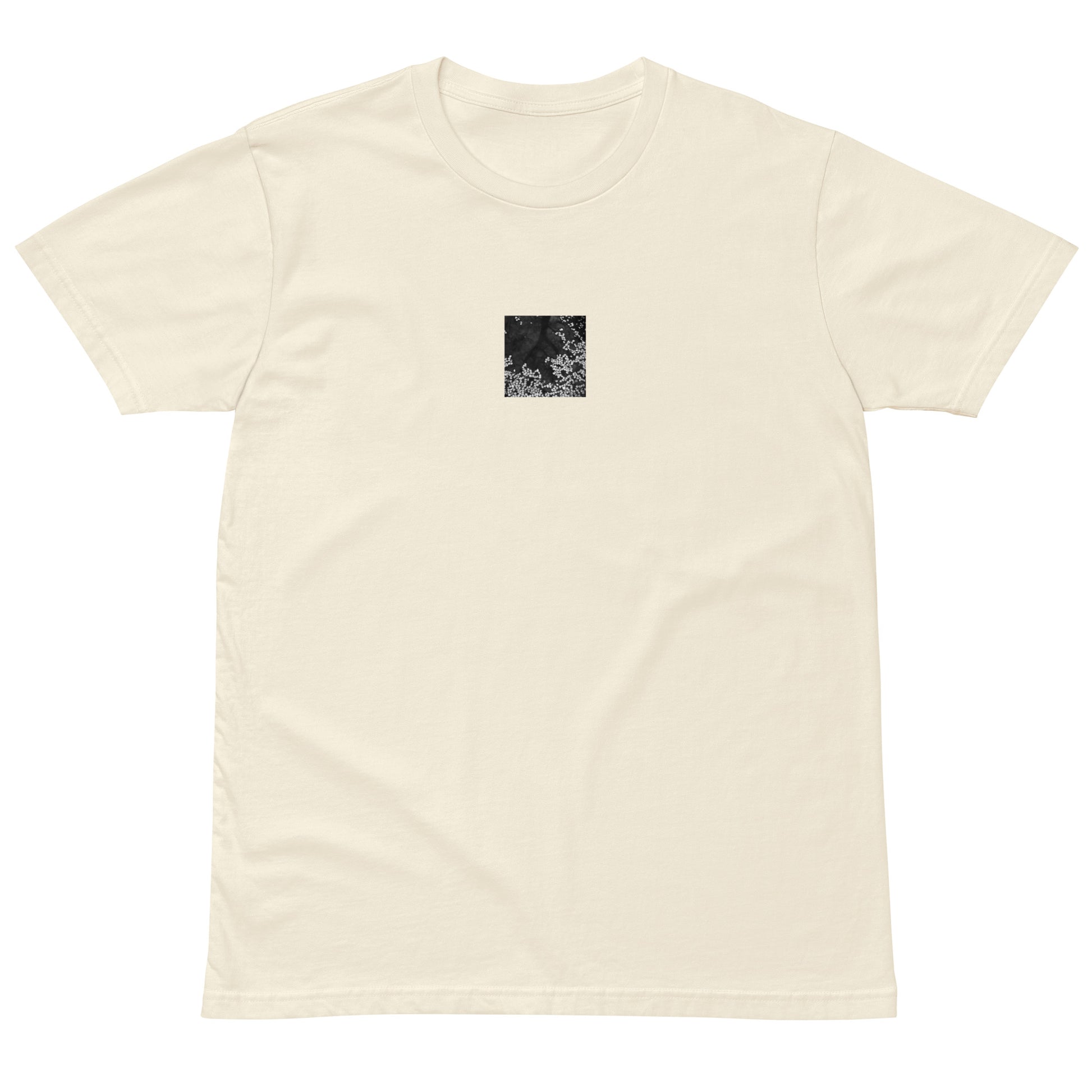 Cherry Blossom Petals on Water Surface (B&W) - Premium T-Shirt, Natural, Front View