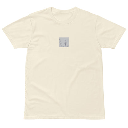 Minimalist mode style unisex premium natural T-shirt with a 'Foxtail Grass' black and white botanical art print on the front / モードストリート系ユニセックス・プレミアムTシャツ（ナチュラル）、フロントに「フォックステールグラス」のモノクロボタニカルアートプリント