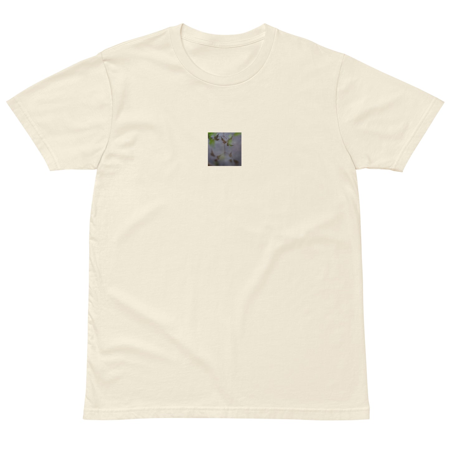 Minimalist mode style unisex premium natural t-shirt with a 'Water Surface & Leaves' art print / モードストリート系ユニセックス・プレミアムTシャツ（ナチュラル）、フロントに「水面と葉」のアートプリント（Tシャツ）