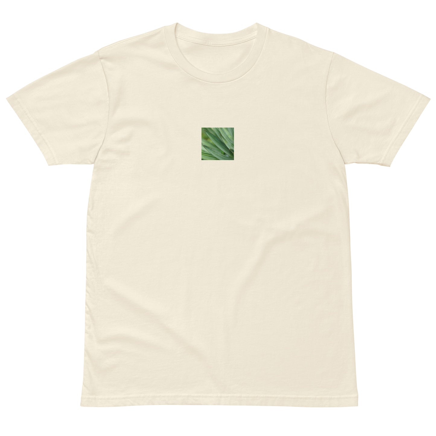 Minimalist unisex premium T-shirt in natural, featuring a vibrant color photograph of a Yucca plant on the chest. A clean, earthy aesthetic perfect for modern casual styling. / モードストリート系ユニセックス・ナチュラルカラー・プレミアムTシャツ。フロントにユッカ植物のカラー写真プリントを配置。自然な風合いが魅力のクリーンでモダンなデザイン。