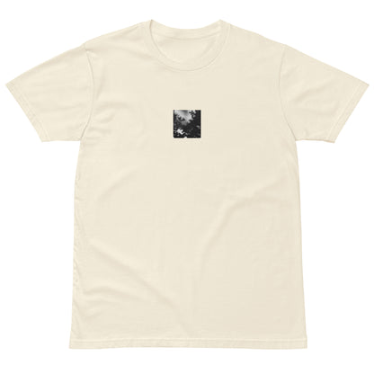 Minimalist streetwear style unisex premium T-shirt in natural, featuring a 'Tree Branches' black and white photograph print. A clean, earthy aesthetic perfect for a modern casual look. / モードストリート系ユニセックス・ナチュラルカラー・プレミアムTシャツ。フロントに「Tree Branches」モノクロ写真プリントを配置。自然な風合いが魅力の、クリーンでモダンなミニマリスト・ストリートウェア。