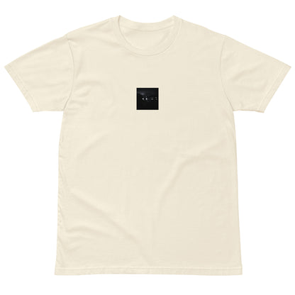 Minimalist streetwear style unisex premium T-shirt in natural, featuring a 'Night Light (B&W)' photograph print on the chest. / Night Light (B&W) プレミアムTシャツ（ナチュラル）：自然な風合いに夜の光のモノクロ風景が馴染む、クリーンなモードストリート系Tシャツ。