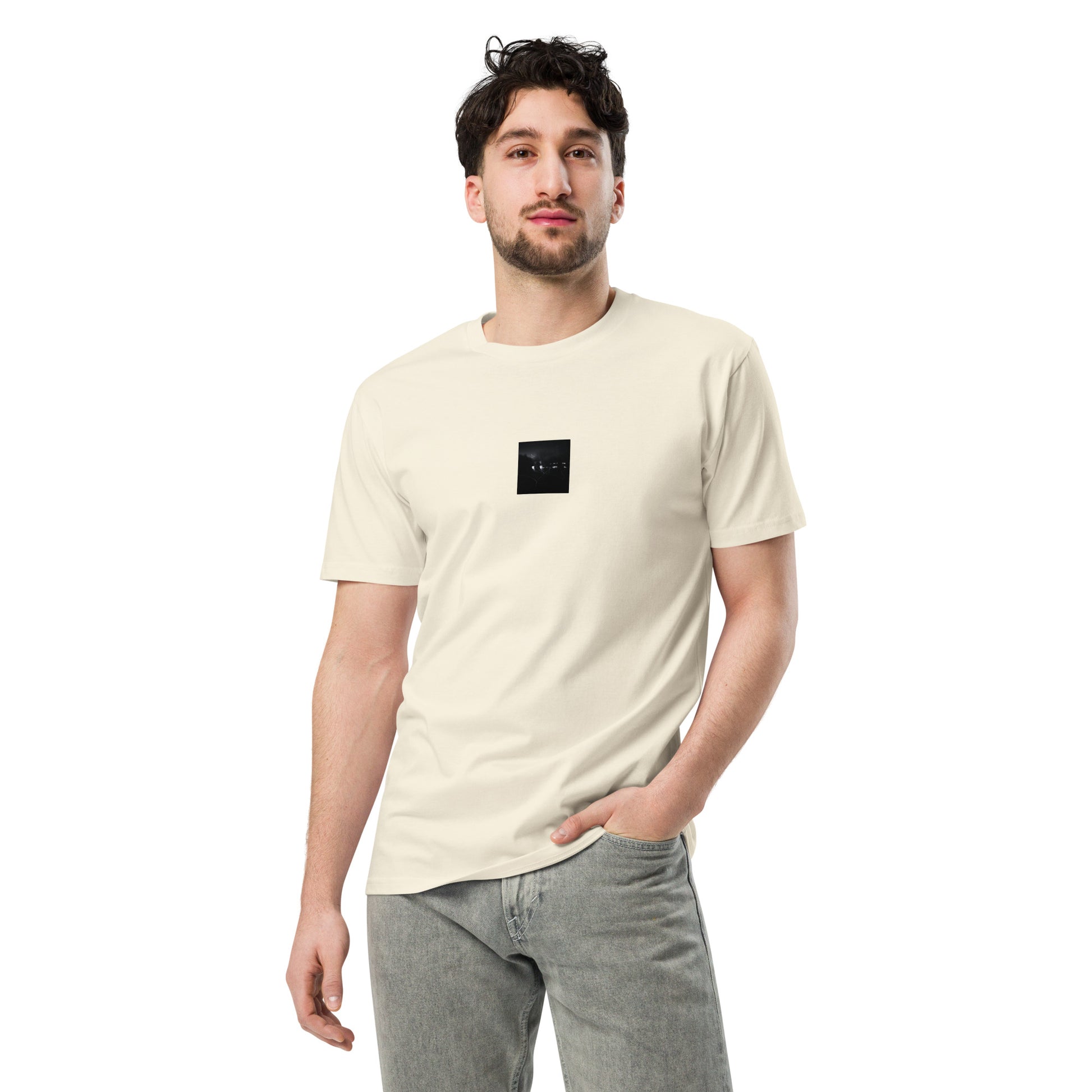 Minimalist streetwear style unisex premium T-shirt in natural, featuring a 'Night Light (B&W)' photograph print on the chest. / Night Light (B&W) プレミアムTシャツ（ナチュラル）：自然な風合いに夜の光のモノクロ風景が馴染む、クリーンなモードストリート系Tシャツ。