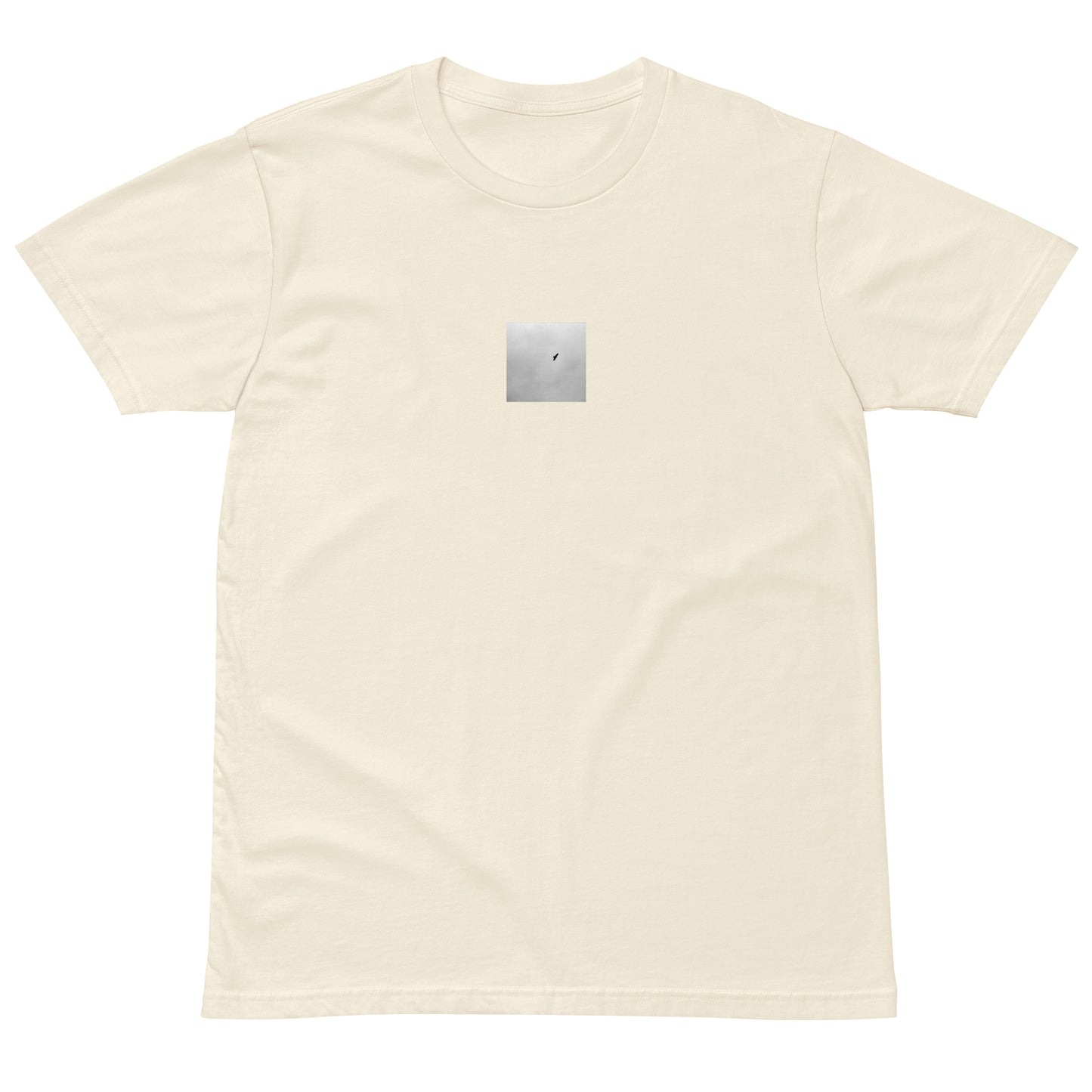 Minimalist streetwear style unisex premium T-shirt in natural, featuring a 'Bird and Sky (B&W)' photograph print on the chest. / Bird and Sky (B&W) プレミアムTシャツ（ナチュラル）：自然な風合いに鳥と空のモノクロ写真が馴染む、クリーンなモードストリート系Tシャツ。