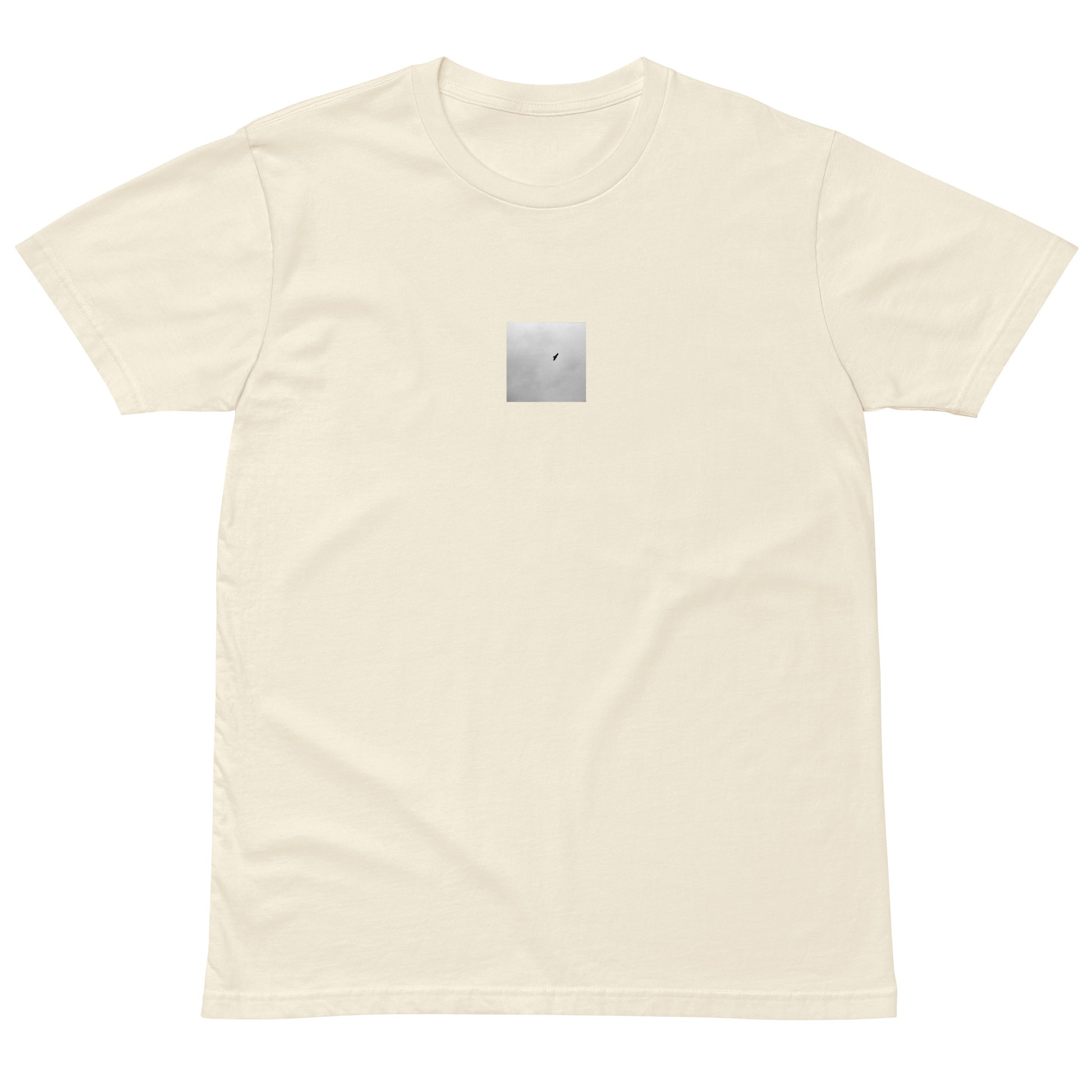 Minimalist streetwear style unisex premium T-shirt in natural, featuring a 'Bird and Sky (B&W)' photograph print on the chest. / Bird and Sky (B&W) プレミアムTシャツ（ナチュラル）：自然な風合いに鳥と空のモノクロ写真が馴染む、クリーンなモードストリート系Tシャツ。