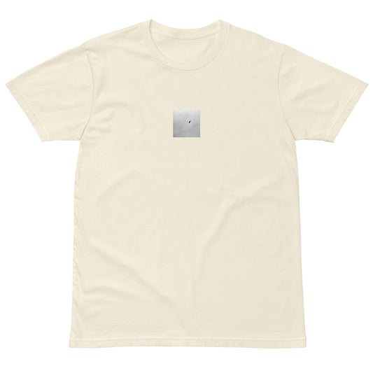 Minimalist streetwear style unisex premium T-shirt in natural, featuring a 'Bird and Sky (B&W)' photograph print on the chest. / Bird and Sky (B&W) プレミアムTシャツ（ナチュラル）：自然な風合いに鳥と空のモノクロ写真が馴染む、クリーンなモードストリート系Tシャツ。