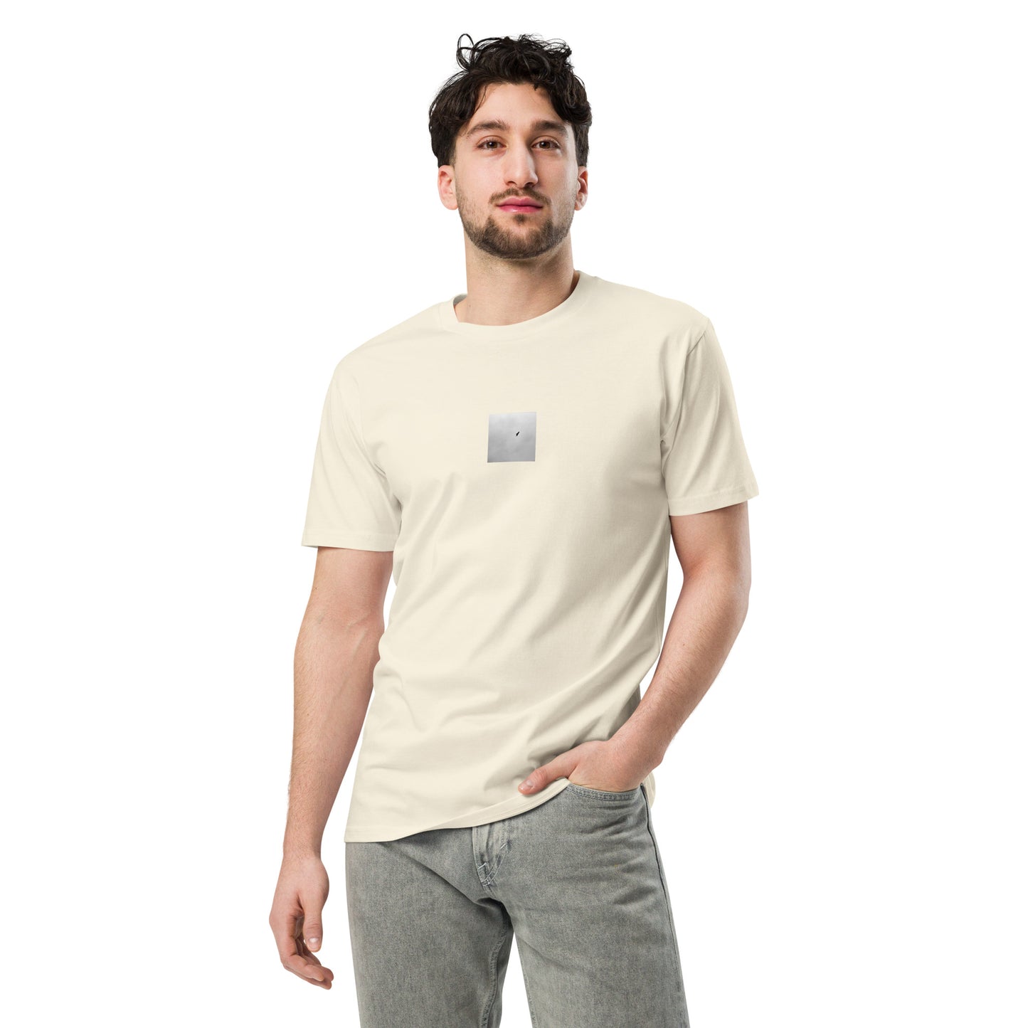 Minimalist streetwear style unisex premium T-shirt in natural, featuring a 'Bird and Sky (B&W)' photograph print on the chest. / Bird and Sky (B&W) プレミアムTシャツ（ナチュラル）：自然な風合いに鳥と空のモノクロ写真が馴染む、クリーンなモードストリート系Tシャツ。