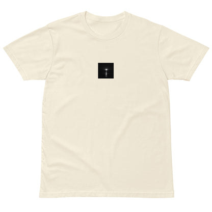 Minimalist streetwear style premium T-shirt in natural, featuring the 'Ocean Sunbeams (B&W)' photograph. / 「Ocean Sunbeams (B&W)」プレミアムTシャツ（ナチュラル）：柔らかな色合いにモノクロのアートが映える、洗練されたモードストリート系Tシャツ。