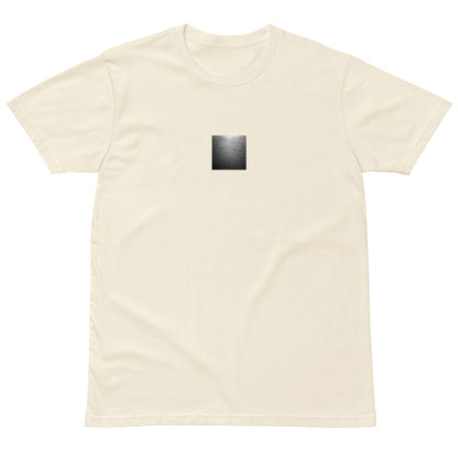 Minimalist streetwear style unisex premium t-shirt in natural with 'Beach Footprints (B&W)' photo art. / フロントに「砂浜の足跡（モノクロ）」のフォトアートを配した、モードストリート系プレミアムTシャツ（ナチュラル）。
