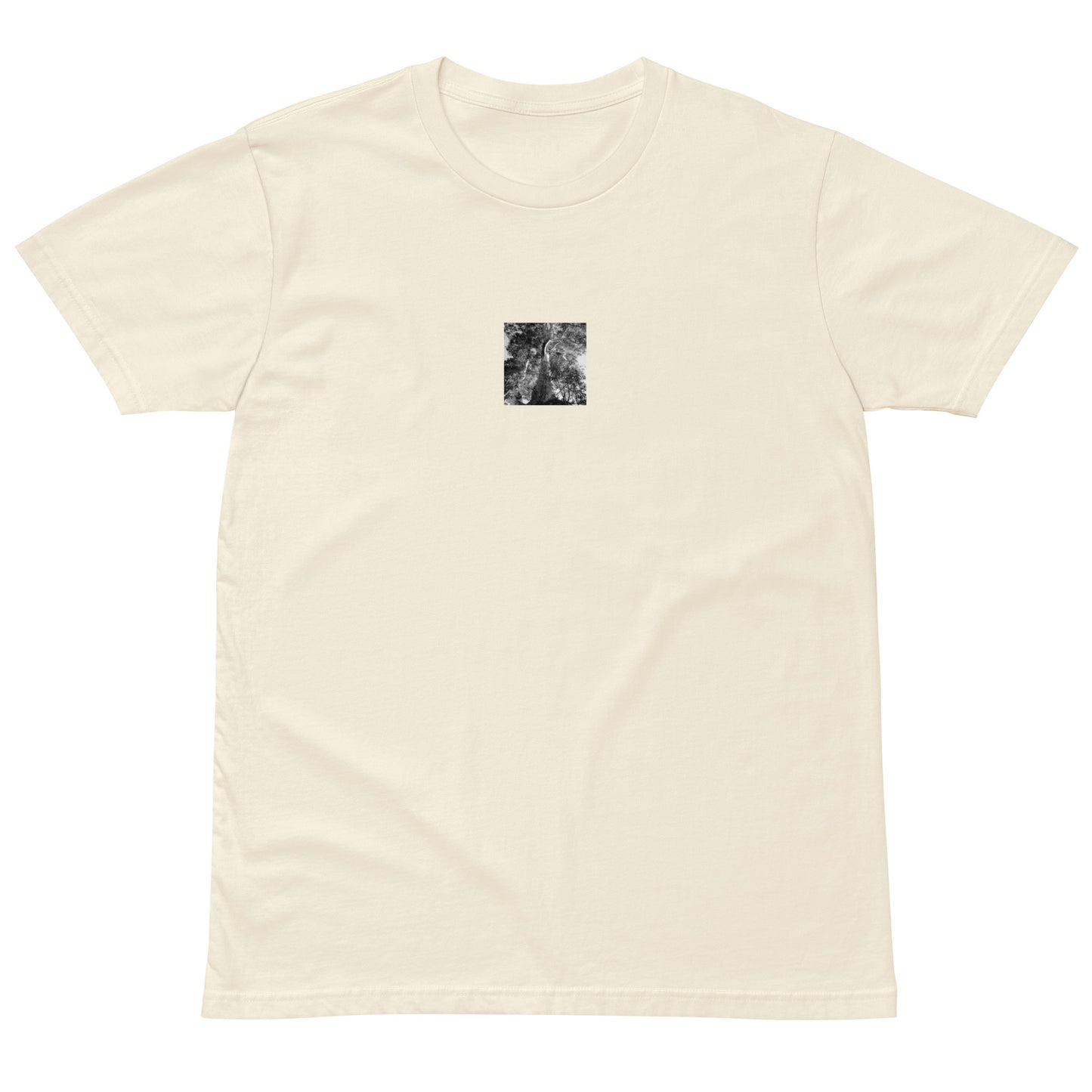 Minimalist streetwear style premium T-shirt in natural featuring the 'Eucalyptus Tree (B&W)' photo art on the front. / モードストリート系プレミアムTシャツ（ナチュラル）フロントに「ユーカリの木（モノクロ）」のフォトアートを配したデザイン。