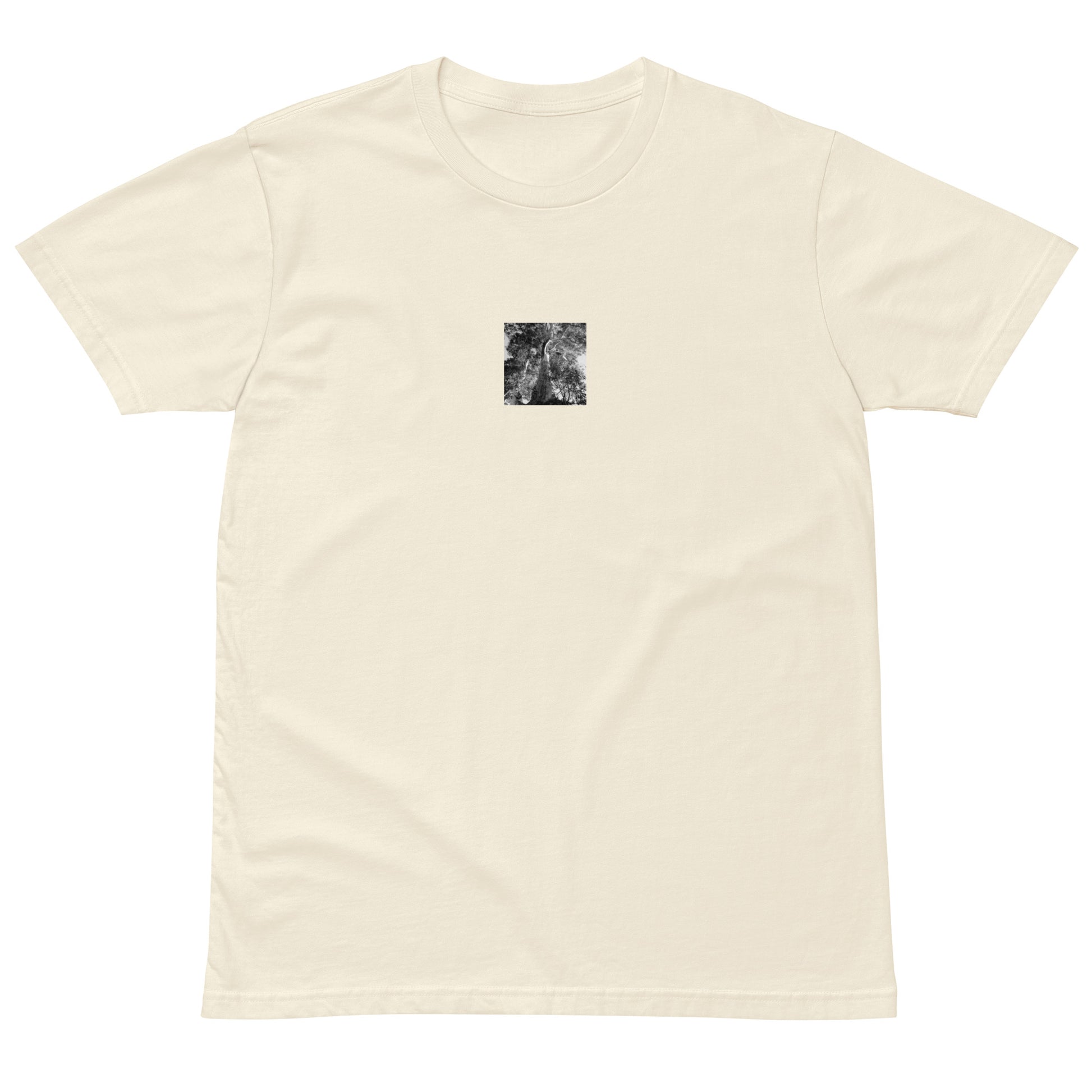 Minimalist streetwear style premium T-shirt in natural featuring the 'Eucalyptus Tree (B&W)' photo art on the front. / モードストリート系プレミアムTシャツ（ナチュラル）フロントに「ユーカリの木（モノクロ）」のフォトアートを配したデザイン。