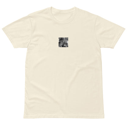 Minimalist streetwear style premium T-shirt in natural featuring the 'Eucalyptus Tree (B&W)' photo art on the front. / モードストリート系プレミアムTシャツ（ナチュラル）フロントに「ユーカリの木（モノクロ）」のフォトアートを配したデザイン。