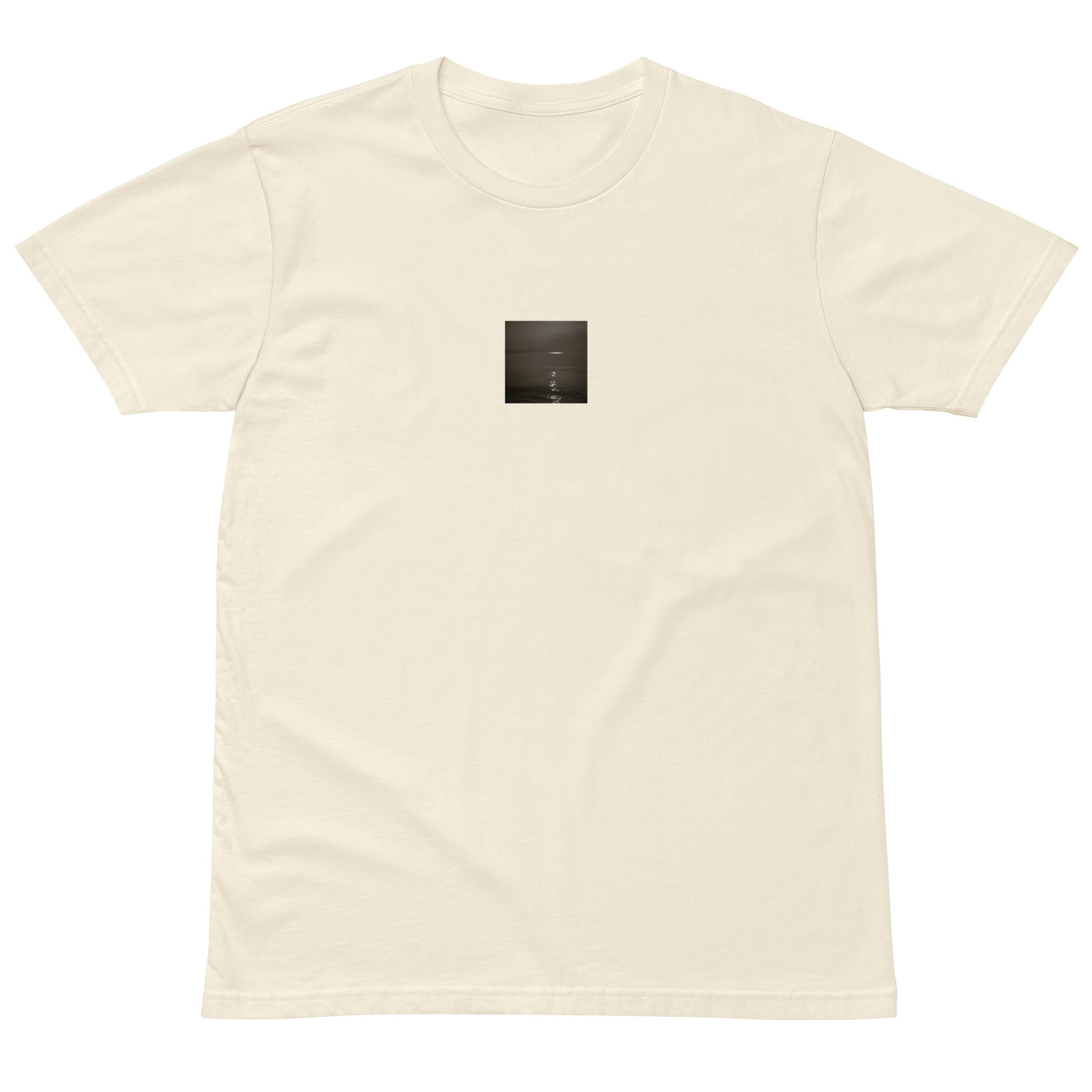 Minimalist streetwear style premium T-shirt in natural featuring the 'Sea and Sunshine (B&W)' photo art on the front. / モードストリート系プレミアムTシャツ（ナチュラル）フロントに「海と太陽（モノクロ）」のフォトアートを配したデザイン。