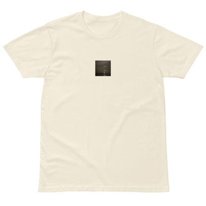 Minimalist streetwear style premium T-shirt in natural featuring the 'Sea and Sunshine (B&W)' photo art on the front. / モードストリート系プレミアムTシャツ（ナチュラル）フロントに「海と太陽（モノクロ）」のフォトアートを配したデザイン。