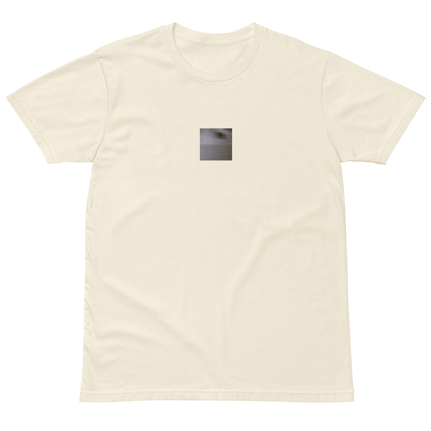 Minimalist streetwear style premium T-shirt in natural featuring the 'Cat (B&W)' photo art on the front. / モードストリート系プレミアムTシャツ（ナチュラル）フロントに「猫（モノクロ）」のフォトアートを配したデザイン。