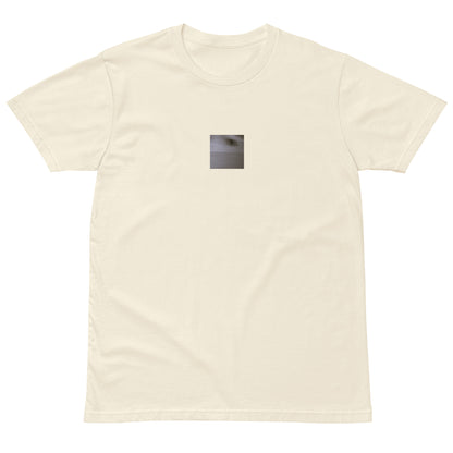 Minimalist streetwear style premium T-shirt in natural featuring the 'Cat (B&W)' photo art on the front. / モードストリート系プレミアムTシャツ（ナチュラル）フロントに「猫（モノクロ）」のフォトアートを配したデザイン。