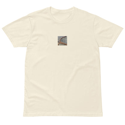 Minimalist streetwear style premium T-shirt in natural featuring the 'Anchor' photo art on the front. / モードストリート系プレミアムTシャツ（ナチュラル）フロントに「アンカー（錨）」のフォトアートを配したデザイン。