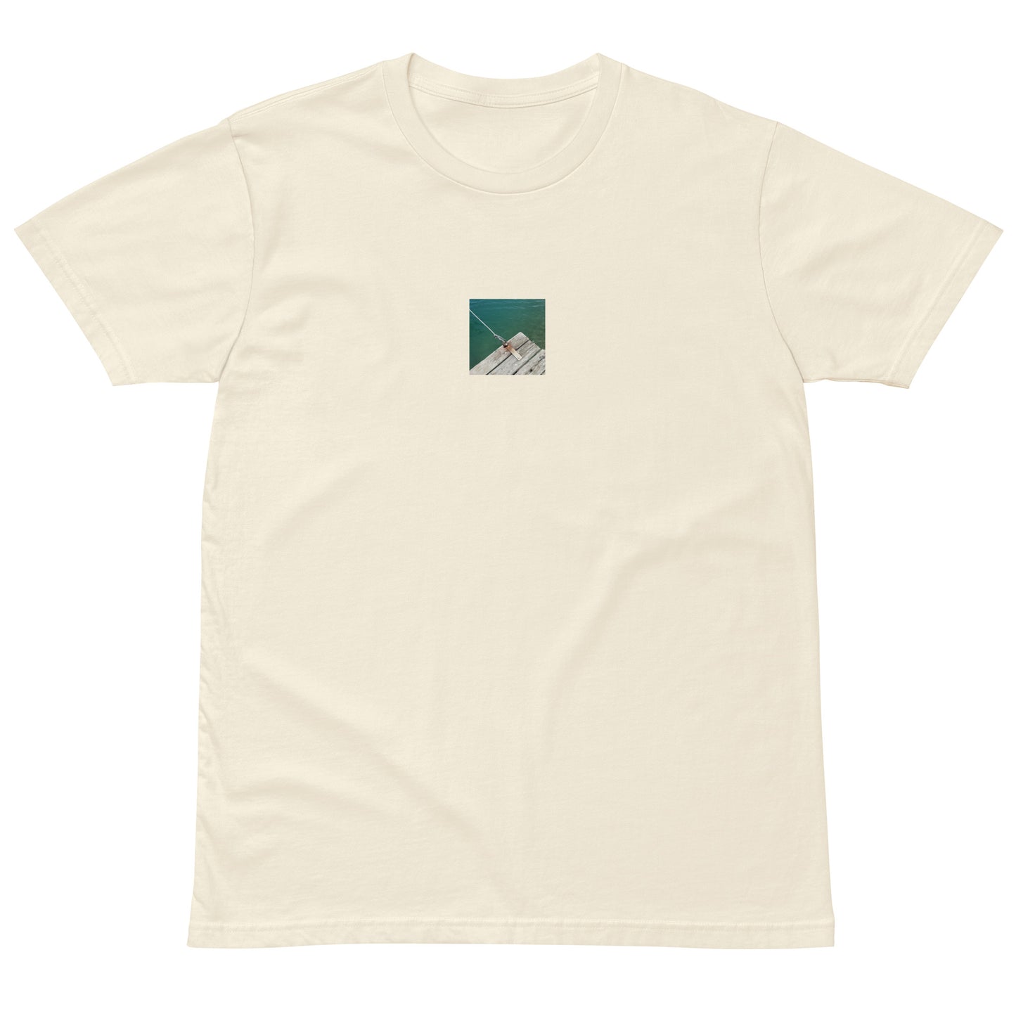Minimalist streetwear style premium T-shirt in natural featuring the 'Sea, Pier and Rope' photo art on the front. / モードストリート系プレミアムTシャツ（ナチュラル）フロントに「海、桟橋、ロープ」のフォトアートを配したデザイン。