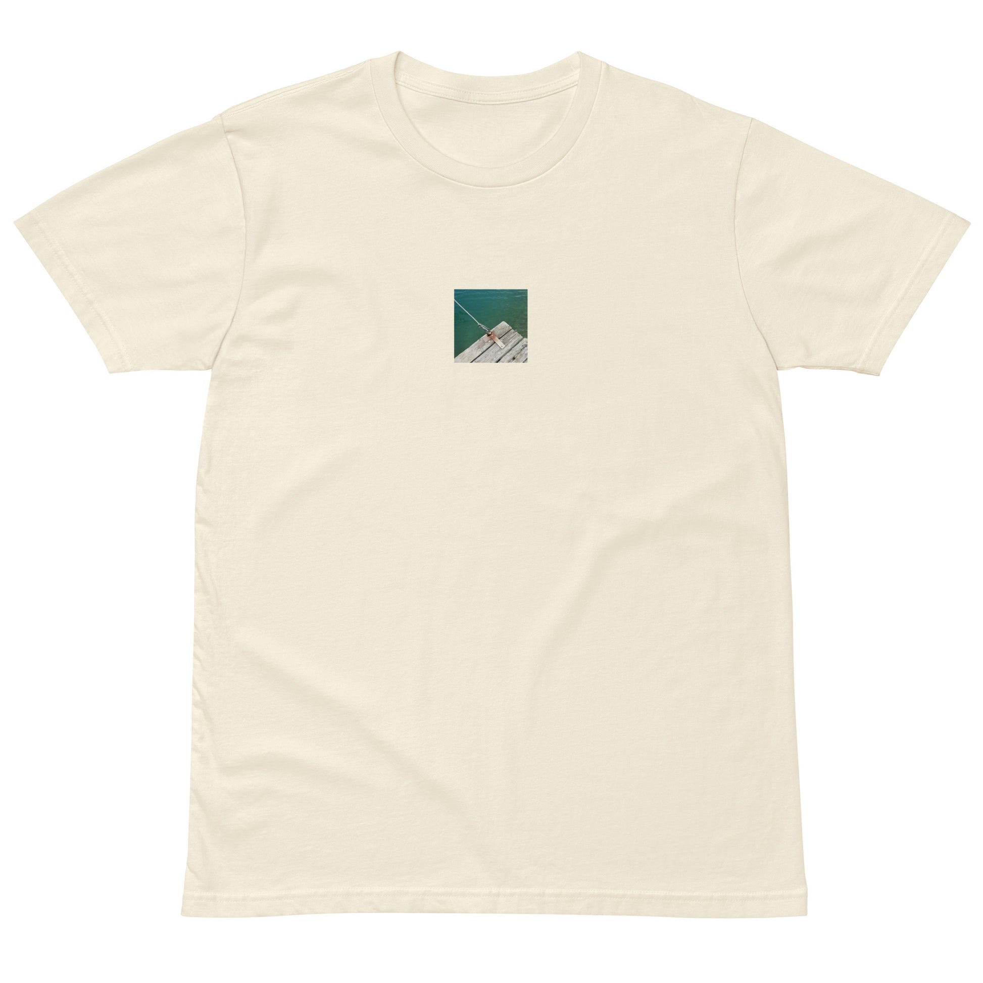 Minimalist streetwear style premium T-shirt in natural featuring the 'Sea, Pier and Rope' photo art on the front. / モードストリート系プレミアムTシャツ（ナチュラル）フロントに「海、桟橋、ロープ」のフォトアートを配したデザイン。