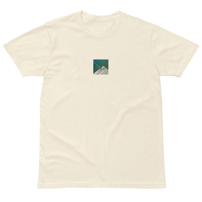 Minimalist streetwear style premium T-shirt in natural featuring the 'Sea, Pier and Rope' photo art on the front. / モードストリート系プレミアムTシャツ（ナチュラル）フロントに「海、桟橋、ロープ」のフォトアートを配したデザイン。