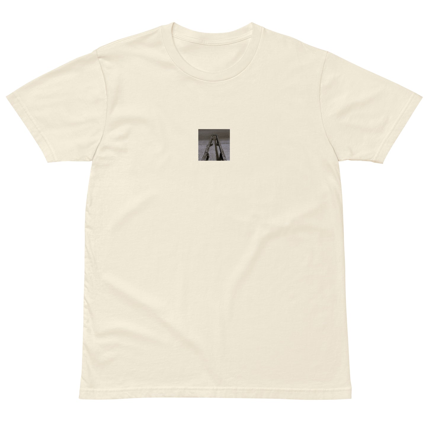 Minimalist streetwear style premium T-shirt in natural featuring the 'Sea and Pier (B&W)' photo art on the front. / モードストリート系プレミアムTシャツ（ナチュラル）フロントに「海と桟橋（モノクロ）」のフォトアートを配したデザイン。