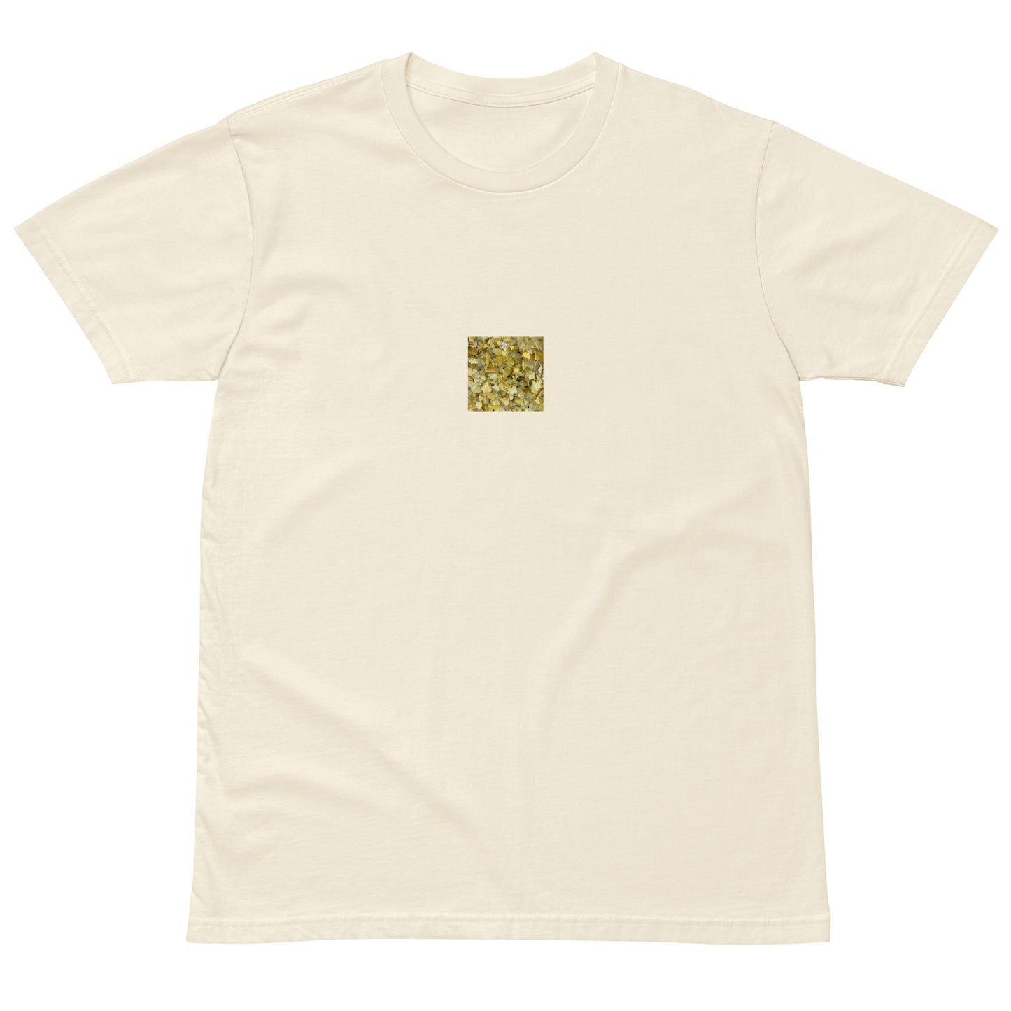 Minimalist streetwear style premium T-shirt in natural featuring the 'Ginkgo Fallen Leaves' photo art on the front. / モードストリート系プレミアムTシャツ（ナチュラル）フロントに「イチョウの落ち葉」のフォトアートを配したデザイン。